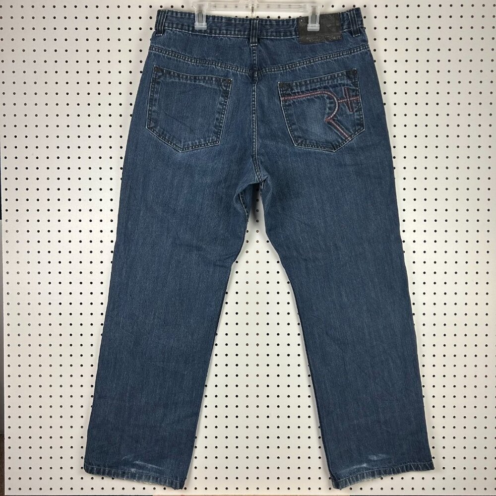 Rocawear Y2K Dark Wash Jeans 38x34 Embroidered Stitched‎ Skater 90s Cyber Punk
